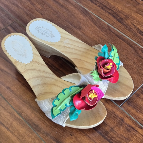 Lulu Guinness Floral Embellished Wooden Clogs Wedge Sandals 37 EU - Picture 5 of 14